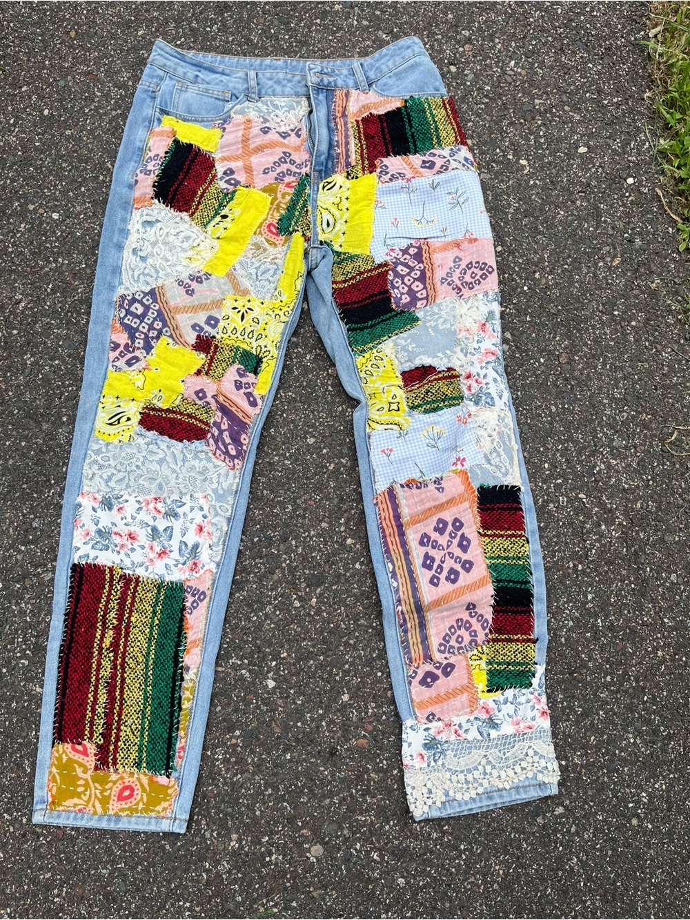 Light Blue Patchwork Straight Leg Jeans - Multi